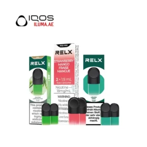 Shop RELX Pod Pro 18mg Flavors in strawberry, mango, and lemon mint packaging with pods