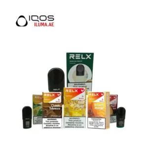 RELX Pod Pro 2 (3%) device with assorted pod packs including banana freeze, tobacco, red buzz, and mango